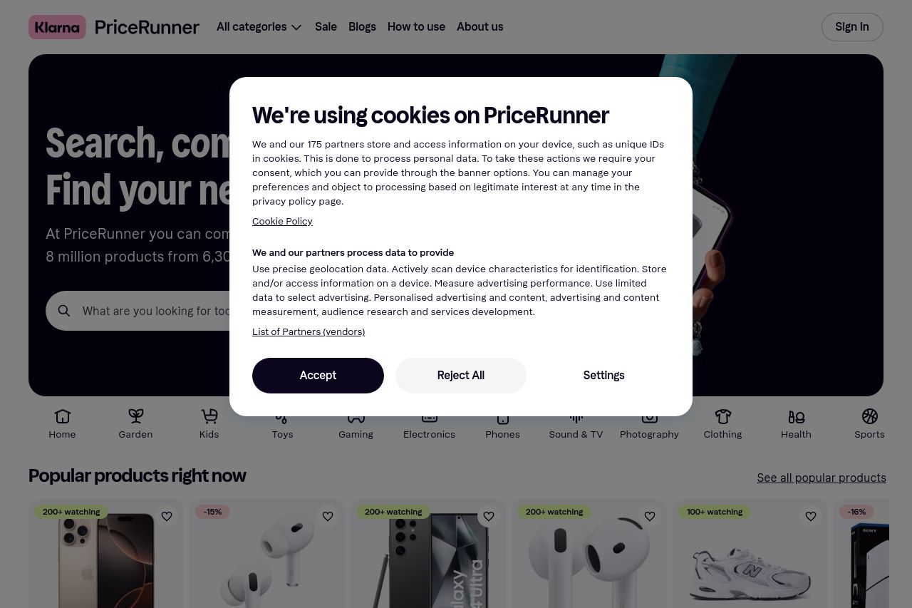 Screenshot of pricerunner.com